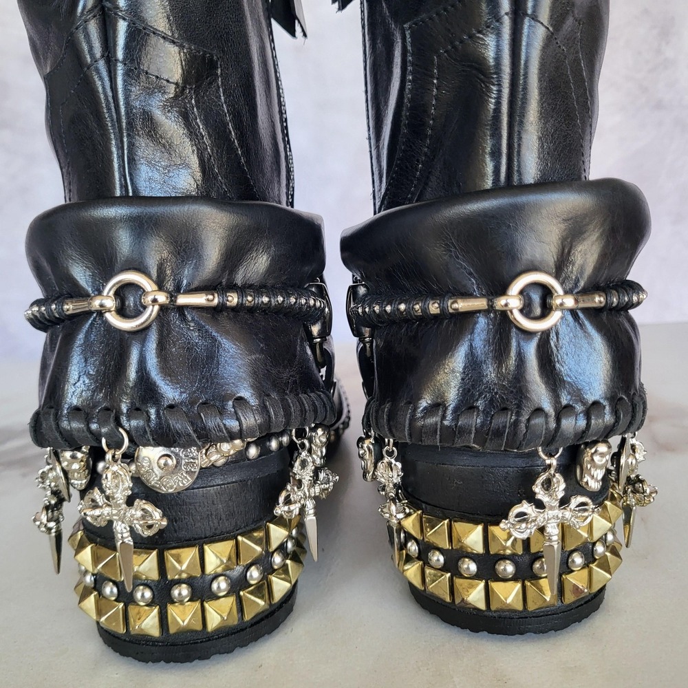 El Vaquero Tatiana Boots Womens Size 6.5 Black Leather Studded Over The Knee - Picture 14 of 16
